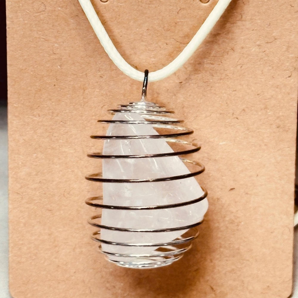 925 Sterling Silver Plated & Rose Quartz Crystal Large Spiral Wire Wrapped Cage